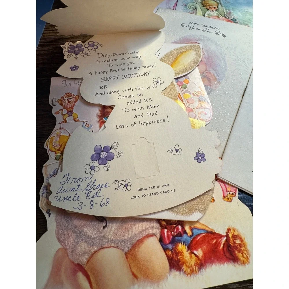 Vintage 1960s Greeting Card Lot 8 Flocked Die Cut Baby Birthday Easter Ephemera